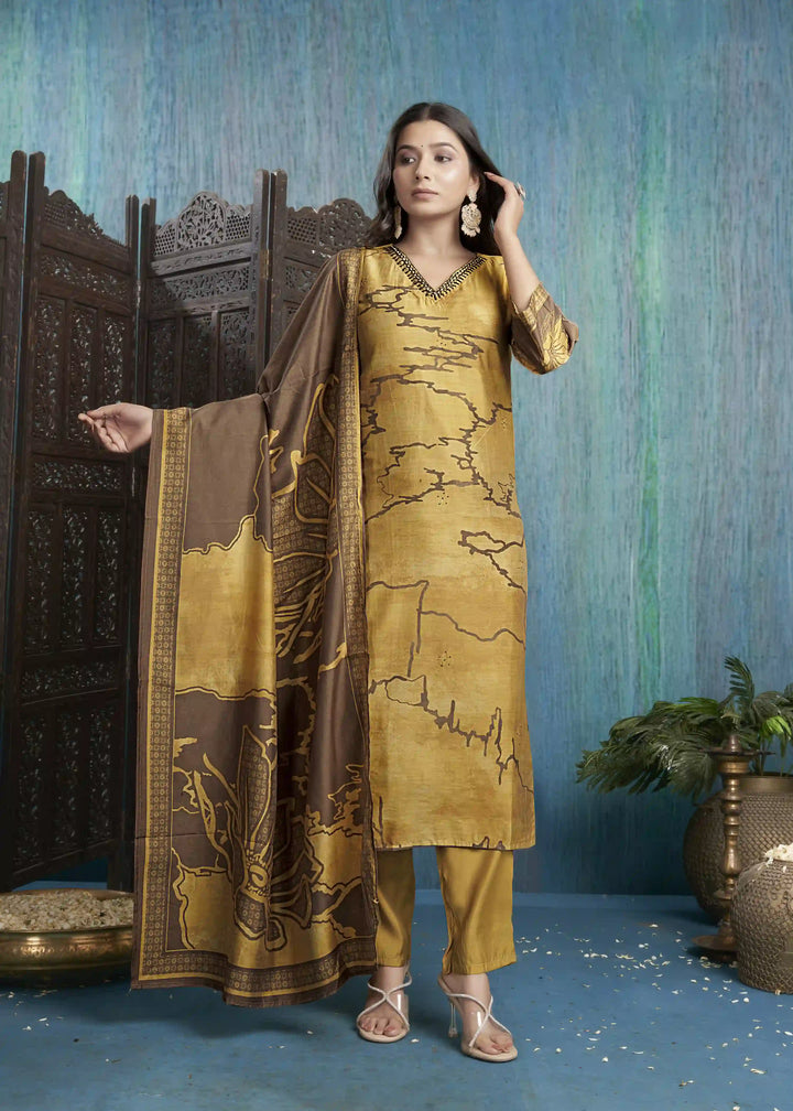 Graceful Mustard Viscose Silk Top with Roman Silk Bottom | Accentuated by a Viscose Silk Dupatta
