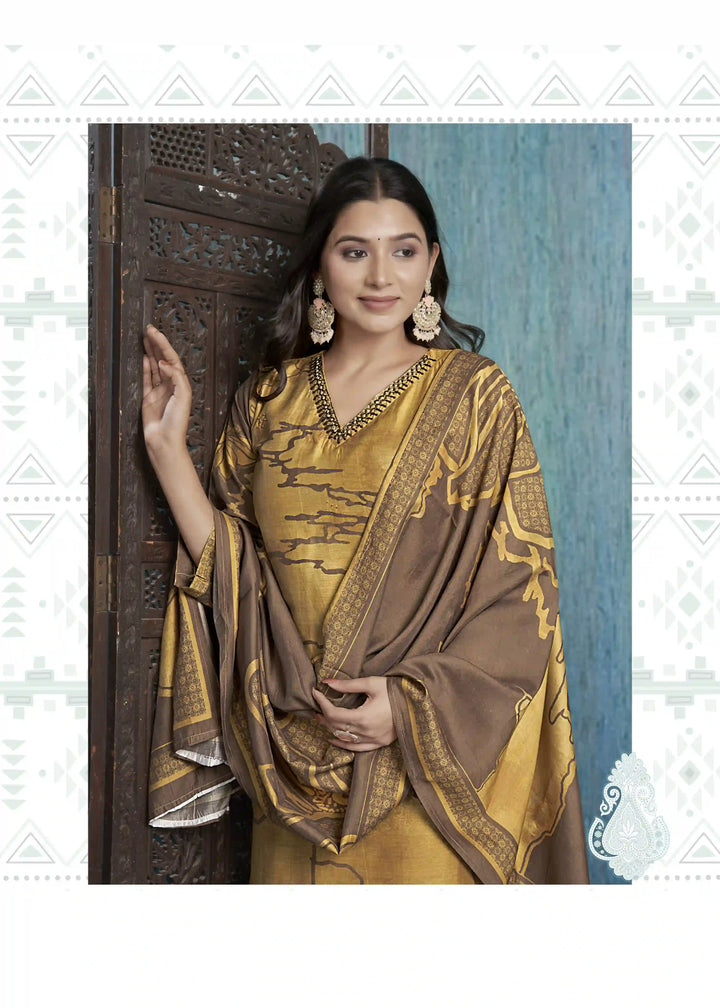 Graceful Mustard Viscose Silk Top with Roman Silk Bottom | Accentuated by a Viscose Silk Dupatta