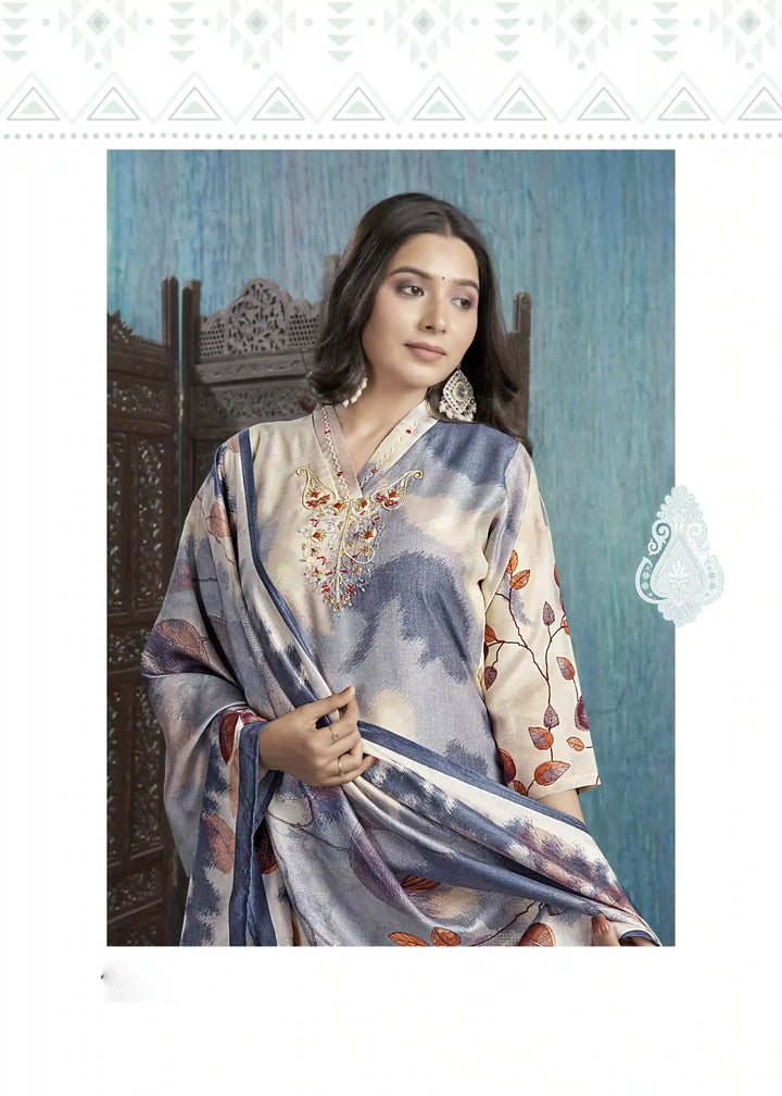 Stylish Off White Viscose Silk Top Featuring Roman Silk Bottom | Accentuated by a Viscose Silk