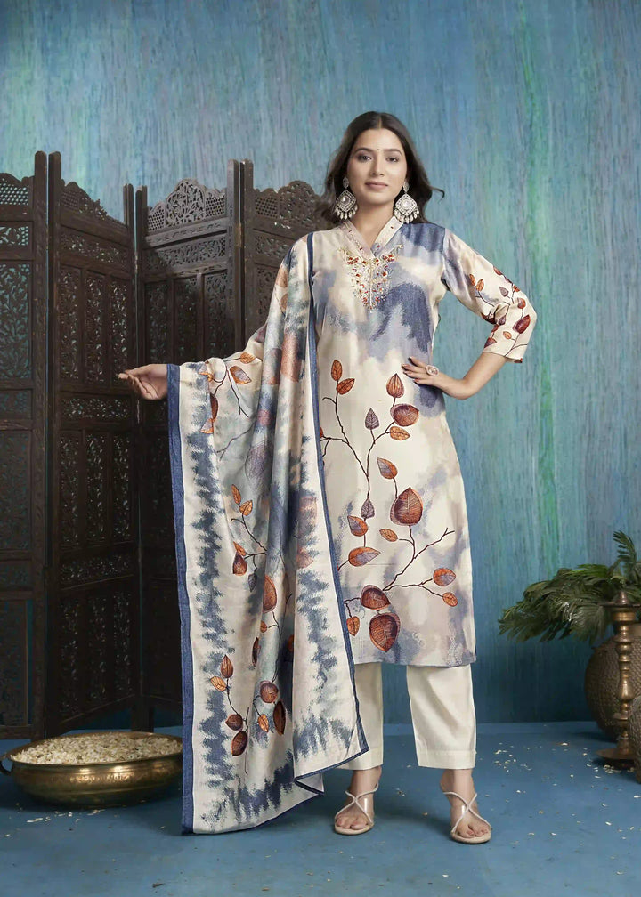 Stylish Off White Viscose Silk Top Featuring Roman Silk Bottom | Accentuated by a Viscose Silk