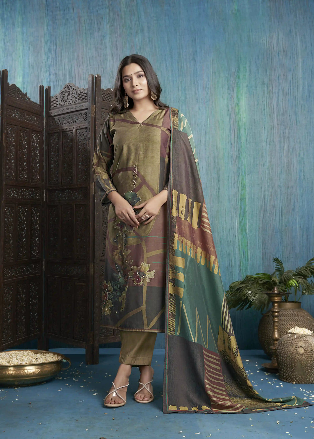Graceful olive Viscose Silk Top with Roman Silk Bottom | Highlighting a Stunning Viscose Silk