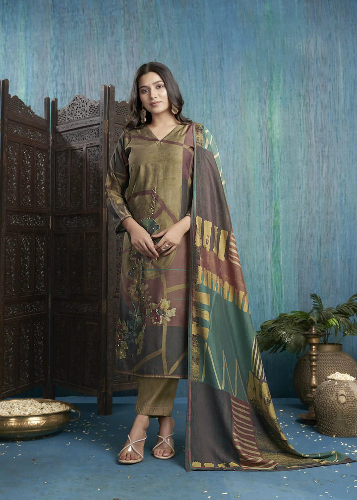 Graceful olive Viscose Silk Top with Roman Silk Bottom | Highlighting a Stunning Viscose Silk