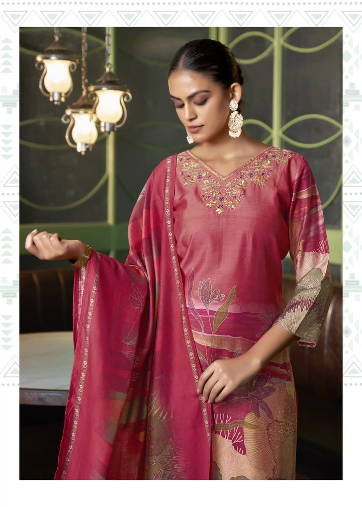 Graceful Rani Pink Viscose Silk Top with Santoon Bottom | Completed with a Gorgeous Viscose Silk
