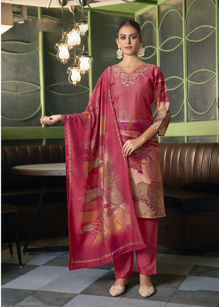 Graceful Rani Pink Viscose Silk Top with Santoon Bottom | Completed with a Gorgeous Viscose Silk