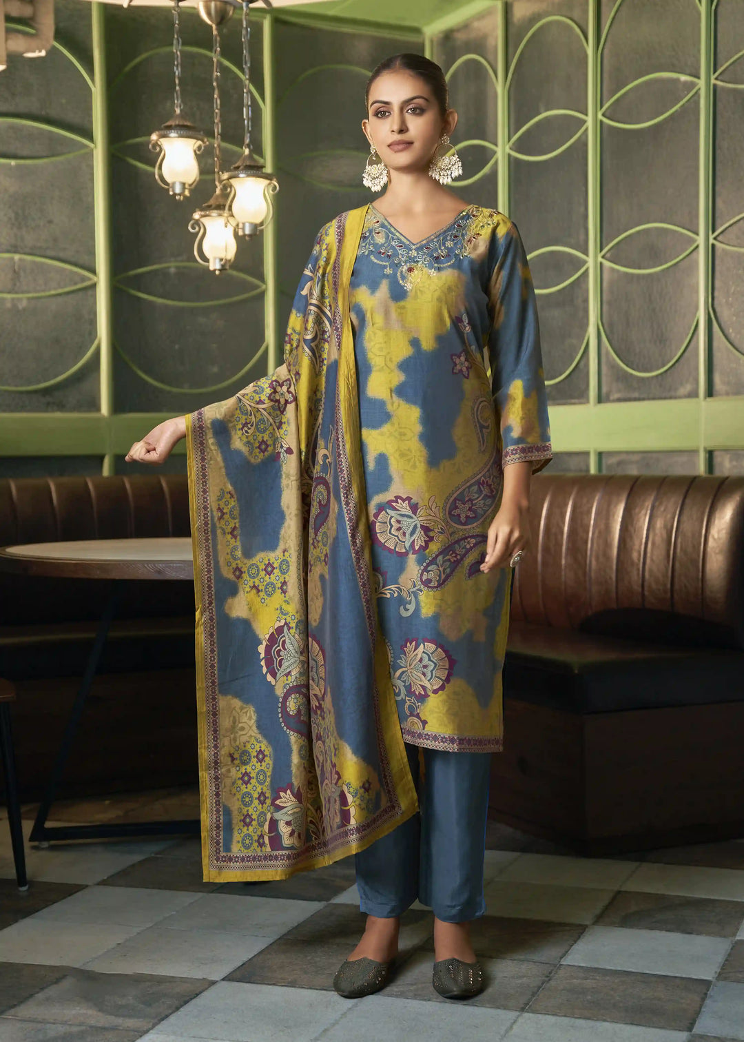 Stylish Teal Blue Viscose Silk Top Featuring Santoon Bottom | Accentuated by a Viscose Silk Dupatta