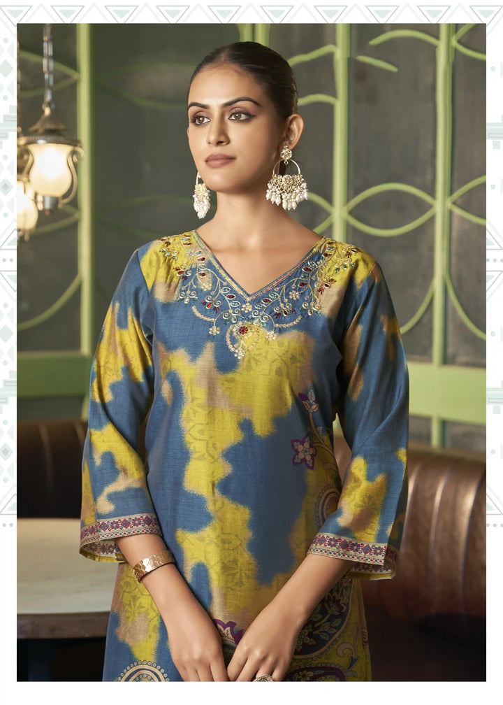 Stylish Teal Blue Viscose Silk Top Featuring Santoon Bottom | Accentuated by a Viscose Silk Dupatta