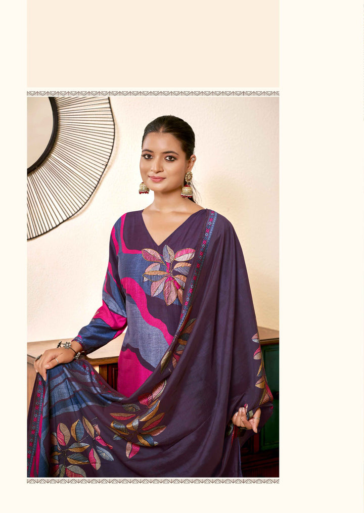 Graceful Dark Purple Viscose Silk Top with Santoon Bottom | Accentuated by a Viscose Silk Dupatta