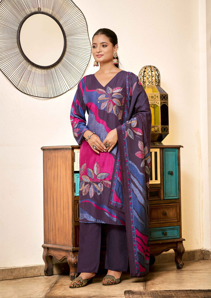 Graceful Dark Purple Viscose Silk Top with Santoon Bottom | Accentuated by a Viscose Silk Dupatta