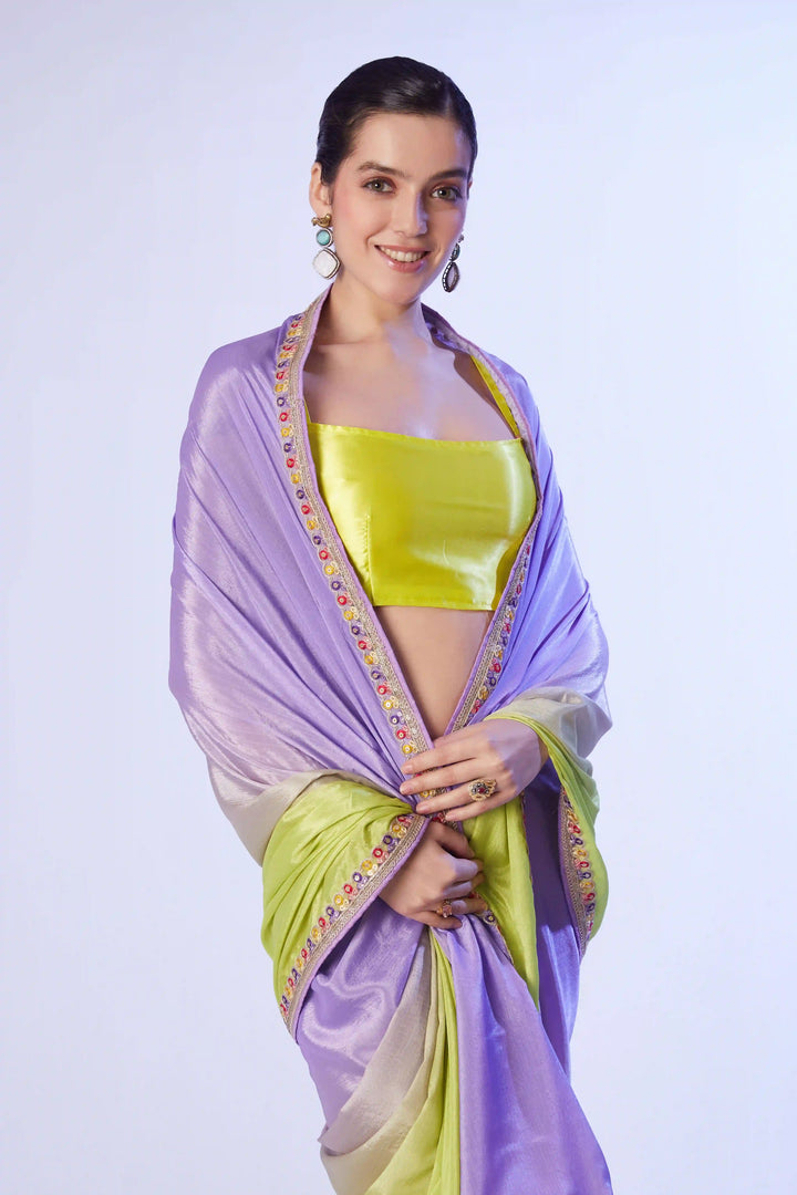Lavender & Yellow Chinon Saree | Art Silk Blouse Lace Work Design