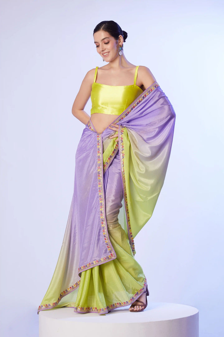 Lavender & Yellow Chinon Saree | Art Silk Blouse Lace Work Design