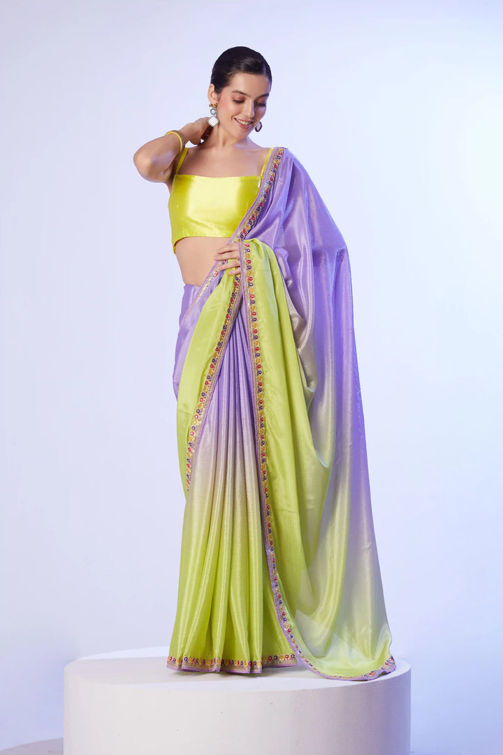 Lavender & Yellow Chinon Saree | Art Silk Blouse Lace Work Design