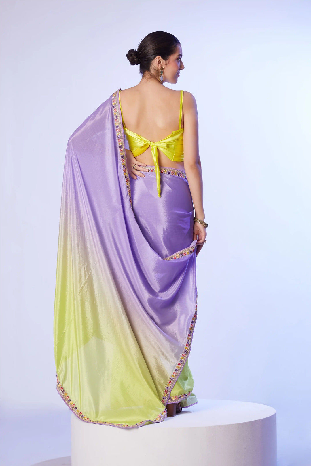 Lavender & Yellow Chinon Saree | Art Silk Blouse Lace Work Design