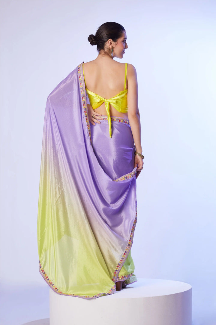 Lavender & Yellow Chinon Saree | Art Silk Blouse Lace Work Design