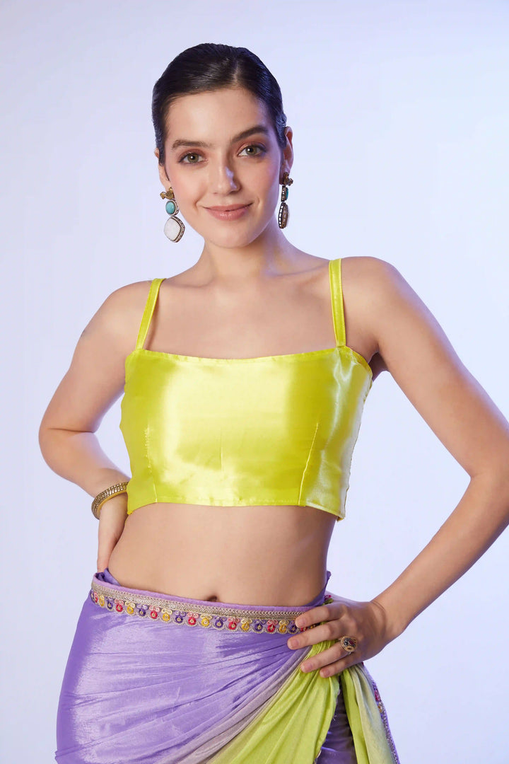 Lavender & Yellow Chinon Saree | Art Silk Blouse Lace Work Design