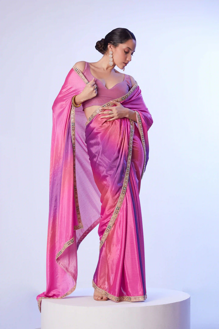 Stylish Pink Saree Chinon Fabric | Art Silk Blouse Party & Wedding Wear