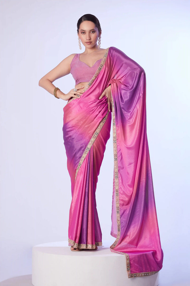 Stylish Pink Saree Chinon Fabric | Art Silk Blouse Party & Wedding Wear