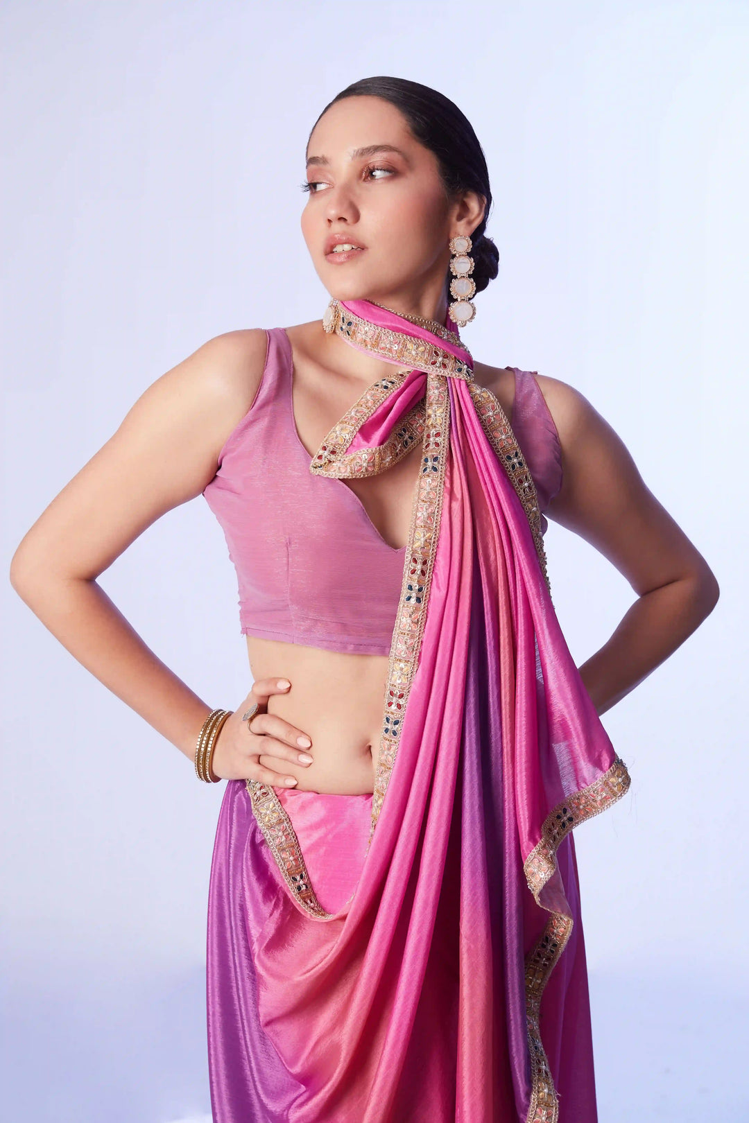 Stylish Pink Saree Chinon Fabric | Art Silk Blouse Party & Wedding Wear