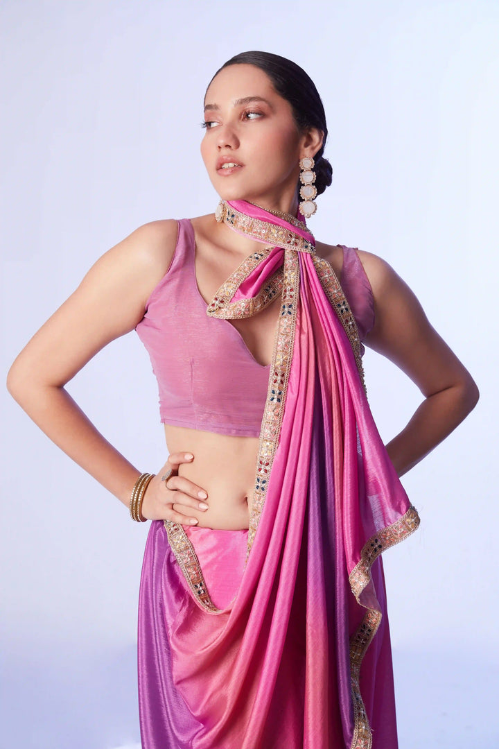 Stylish Pink Saree Chinon Fabric | Art Silk Blouse Party & Wedding Wear