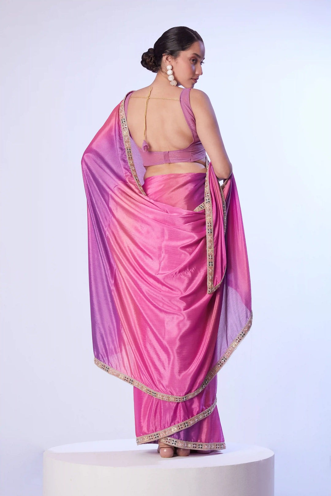 Stylish Pink Saree Chinon Fabric | Art Silk Blouse Party & Wedding Wear
