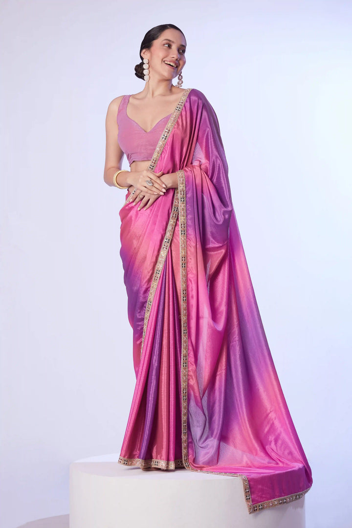 Stylish Pink Saree Chinon Fabric | Art Silk Blouse Party & Wedding Wear