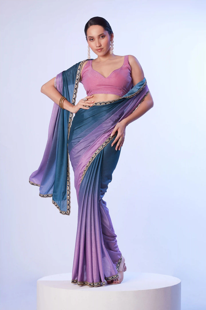 Fancy Teal Blue Saree Chinon Fabric | Art Silk Blouse Wedding & Party Wear