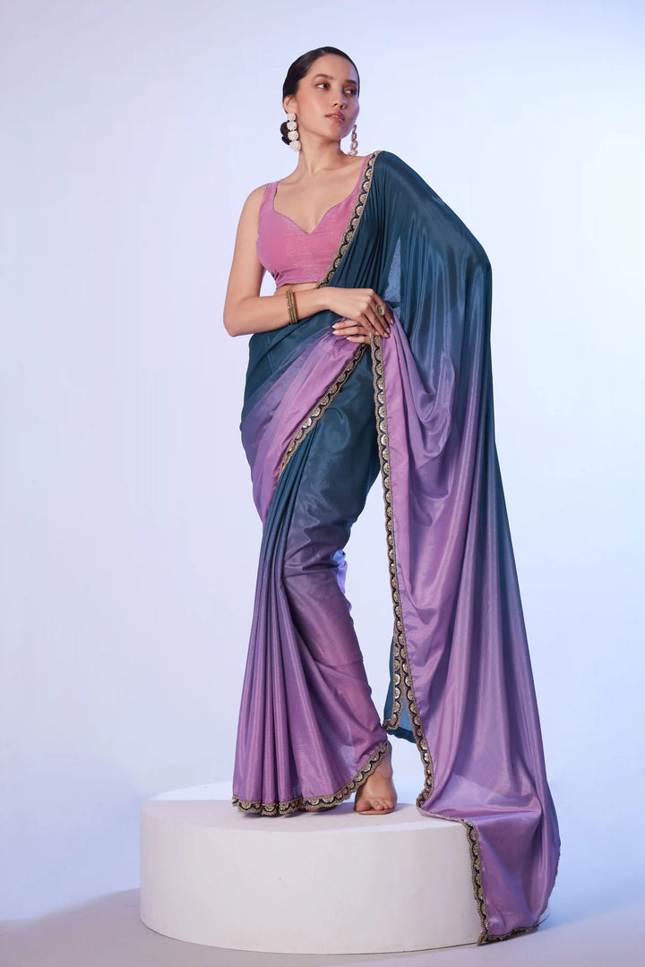 Fancy Teal Blue Saree Chinon Fabric | Art Silk Blouse Wedding & Party Wear