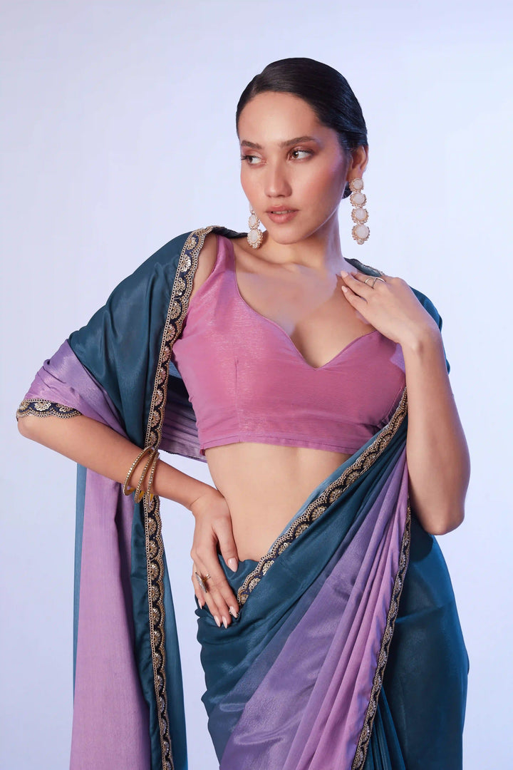 Fancy Teal Blue Saree Chinon Fabric | Art Silk Blouse Wedding & Party Wear