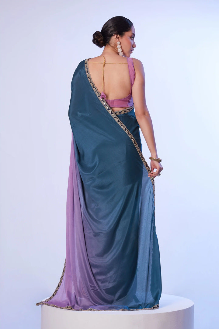 Fancy Teal Blue Saree Chinon Fabric | Art Silk Blouse Wedding & Party Wear