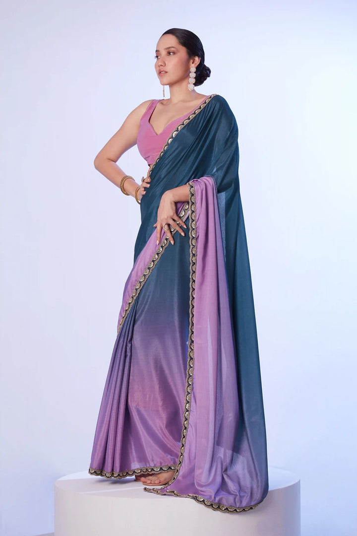 Fancy Teal Blue Saree Chinon Fabric | Art Silk Blouse Wedding & Party Wear