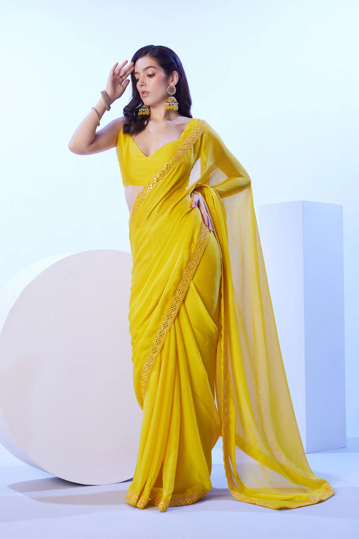 Stylish Yellow Saree | Solid Lace Design Perfect for Festive Occasions