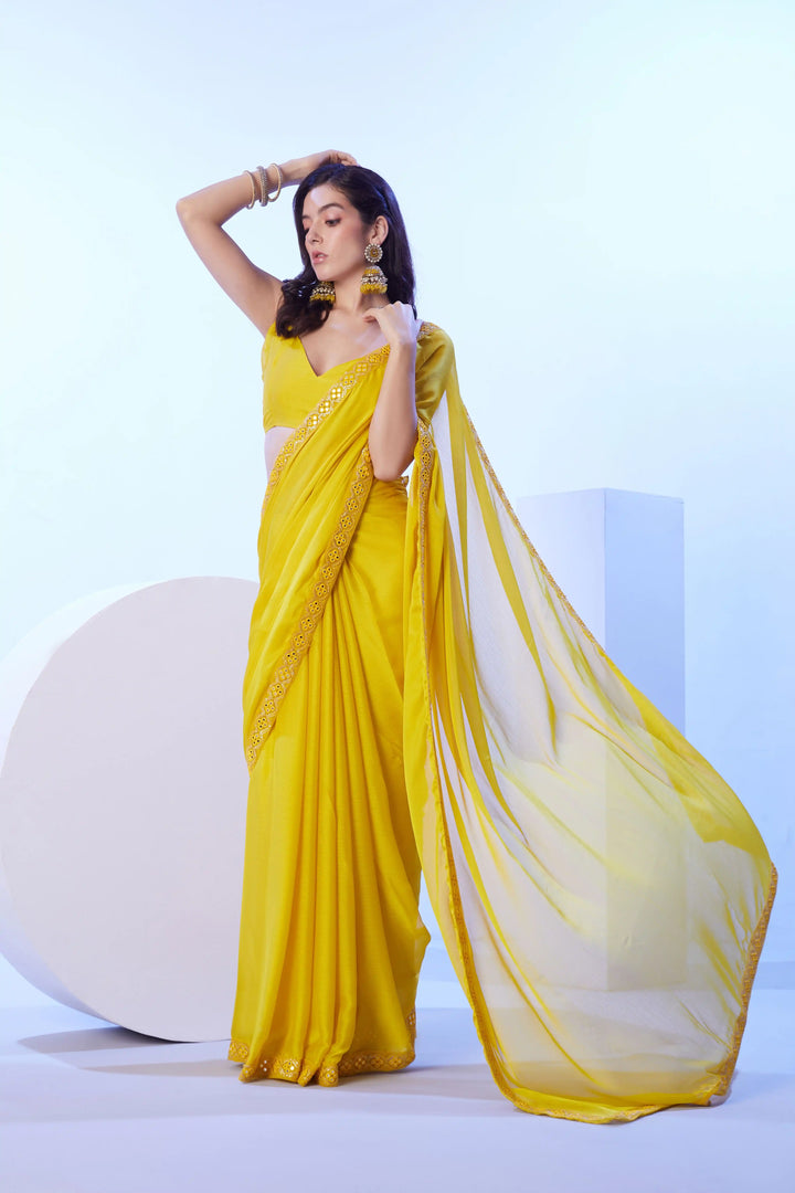 Stylish Yellow Saree | Solid Lace Design Perfect for Festive Occasions