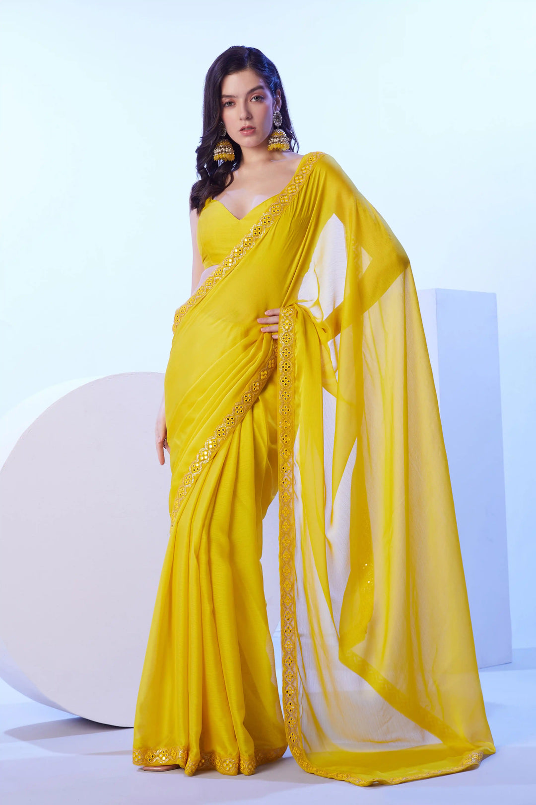 Stylish Yellow Saree | Solid Lace Design Perfect for Festive Occasions