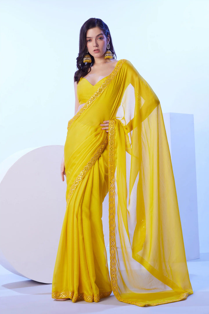 Stylish Yellow Saree | Solid Lace Design Perfect for Festive Occasions