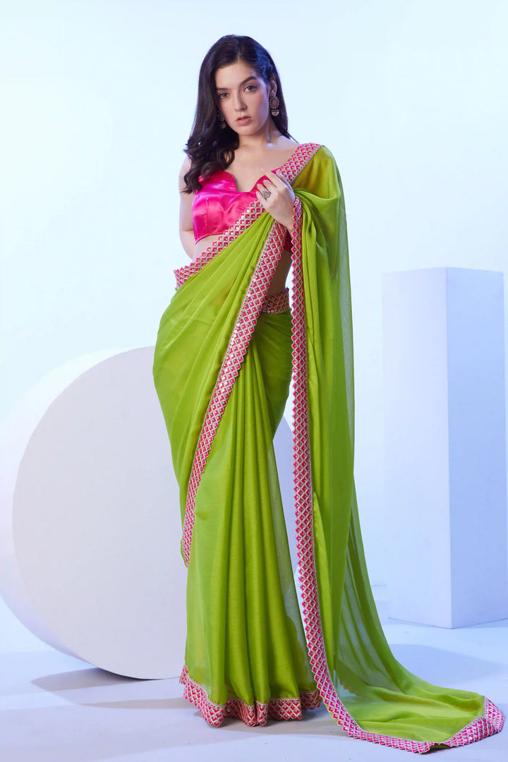 Fancy Parrot Green Saree | Solid Designer Look Wedding & Festive Wear