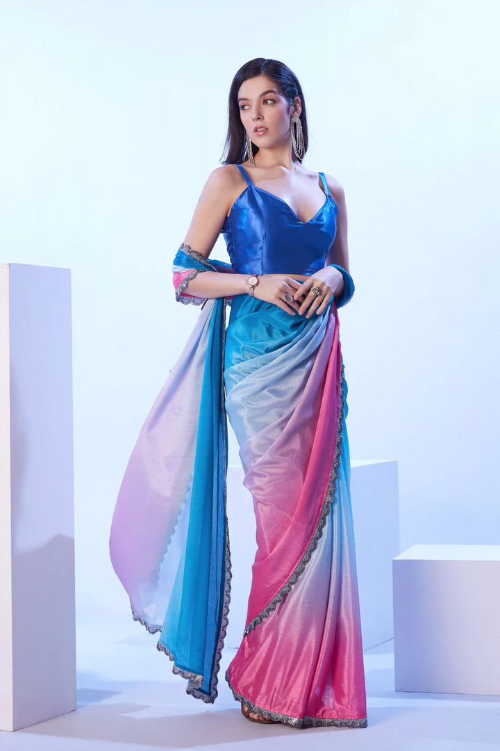 Elegant Blue Saree | Chinon Fabric Art Silk Blouse with Lace Detailing