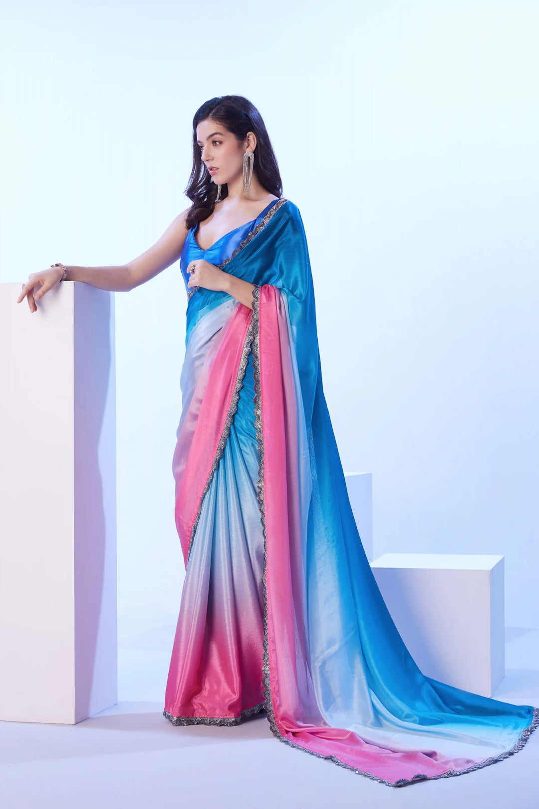 Elegant Blue Saree | Chinon Fabric Art Silk Blouse with Lace Detailing
