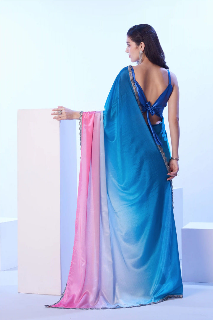 Elegant Blue Saree | Chinon Fabric Art Silk Blouse with Lace Detailing