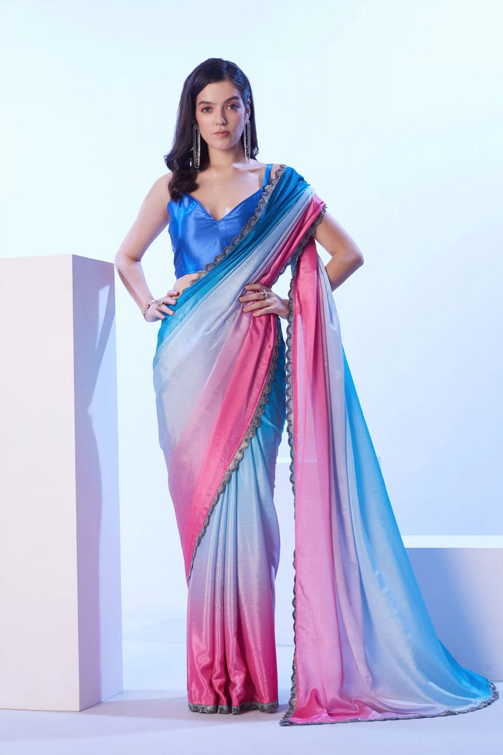 Elegant Blue Saree | Chinon Fabric Art Silk Blouse with Lace Detailing