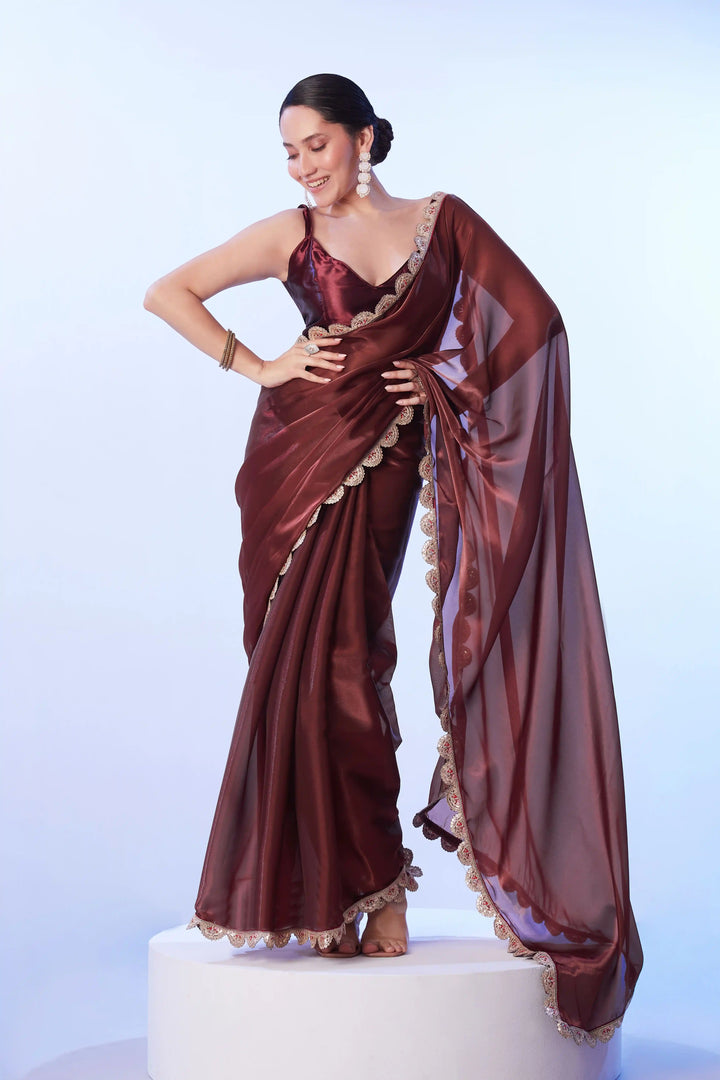 Stylish Brown Satin Saree | Solid Designer Look Perfect for Festive Wear