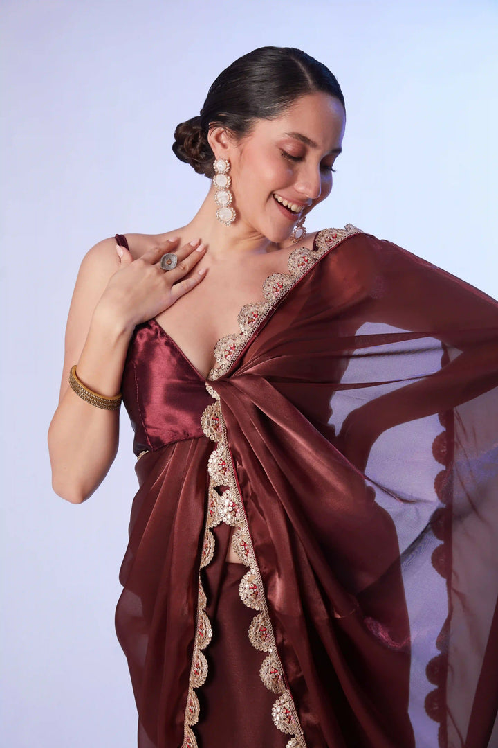 Stylish Brown Satin Saree | Solid Designer Look Perfect for Festive Wear
