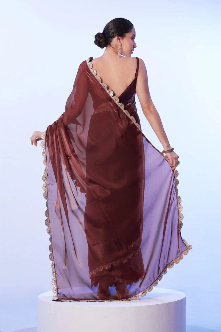 Stylish Brown Satin Saree | Solid Designer Look Perfect for Festive Wear