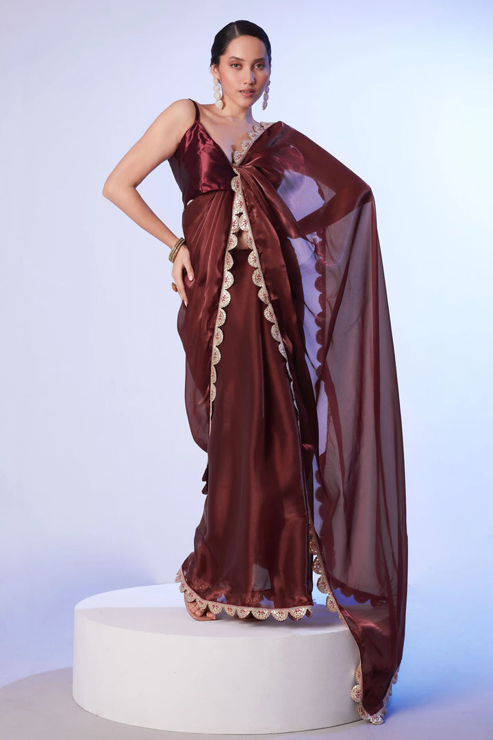 Stylish Brown Satin Saree | Solid Designer Look Perfect for Festive Wear
