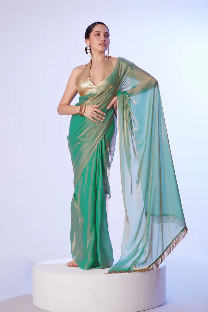 Rama Green Solid Designer Saree | Lace Work Perfect for Weddings & Parties