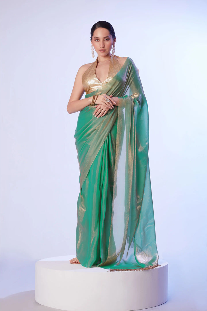 Rama Green Solid Designer Saree | Lace Work Perfect for Weddings & Parties