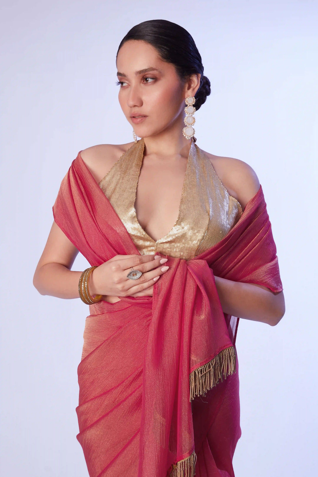 Fancy Rust Satin Gold Saree | Designer Lace Work Wedding & Party Wear