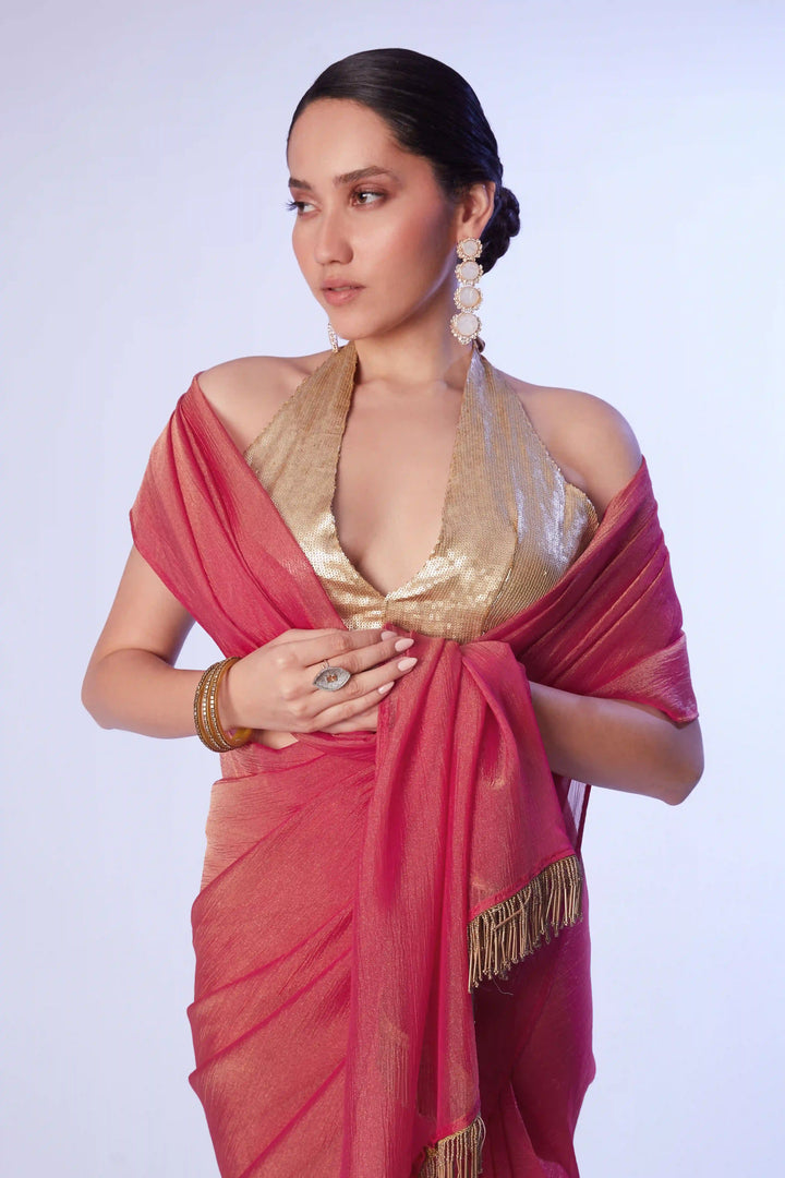 Fancy Rust Satin Gold Saree | Designer Lace Work Wedding & Party Wear