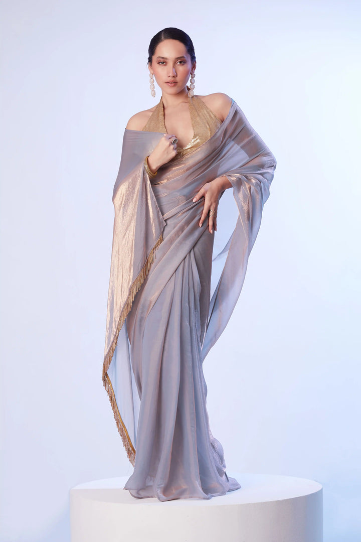 Light Mauve Satin Gold Organza Saree | Art Silk Blouse Designer Lace