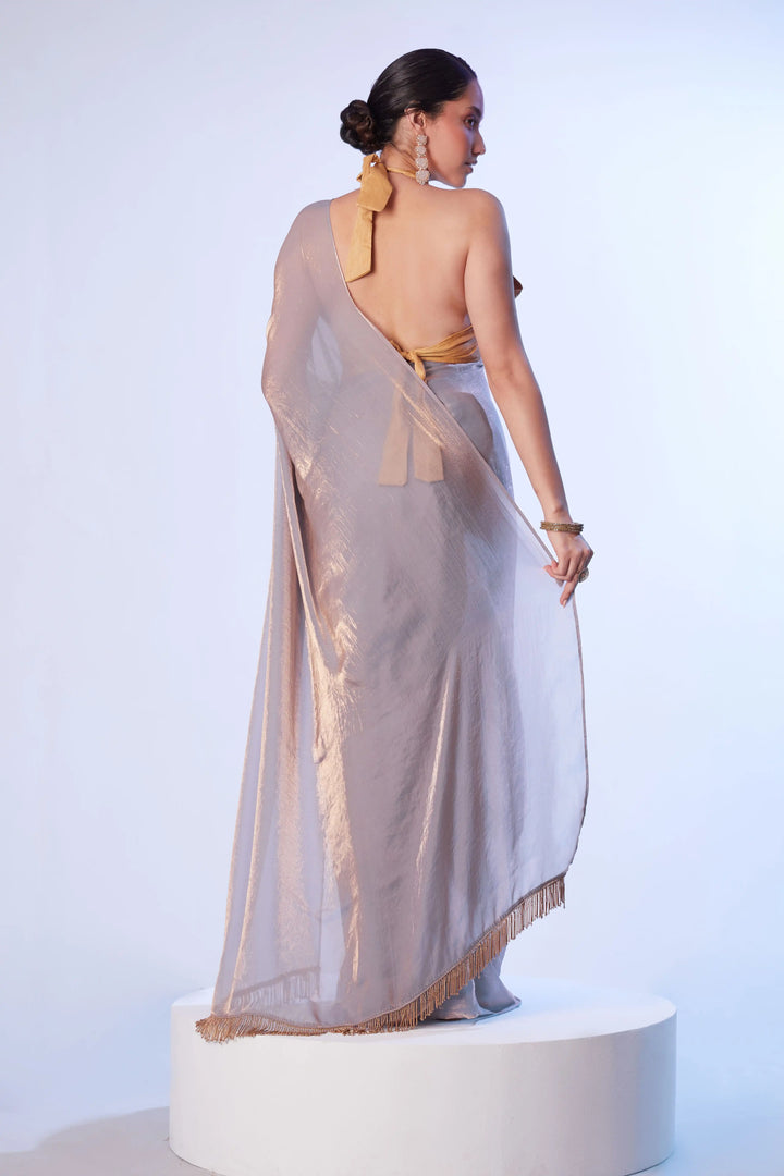 Light Mauve Satin Gold Organza Saree | Art Silk Blouse Designer Lace
