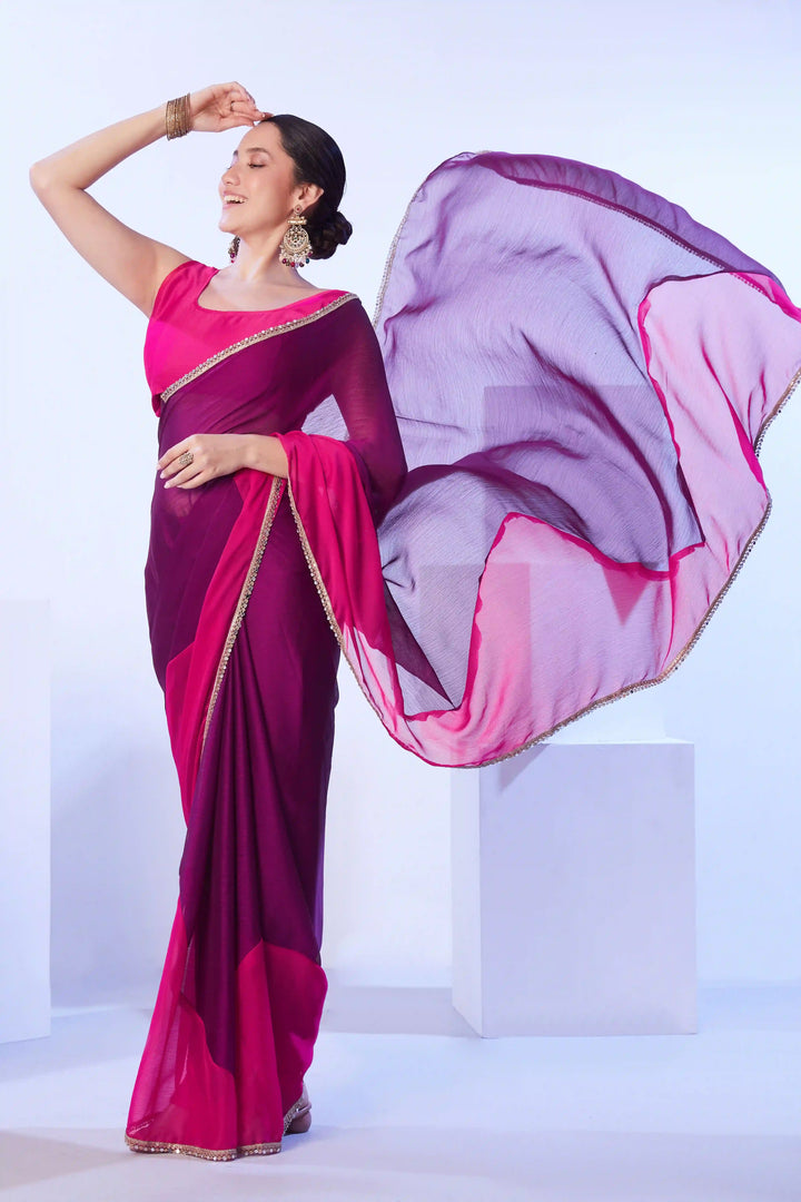 Dark Purple Satin Moss Saree | Art Silk Blouse Designer Wear