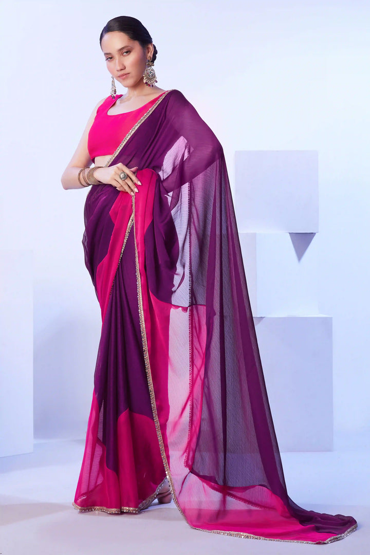 Dark Purple Satin Moss Saree | Art Silk Blouse Designer Wear